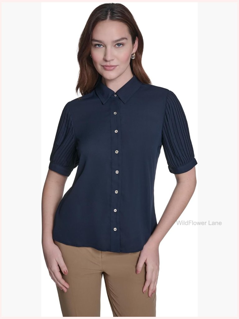 Long Sleeve Button Down Shirt With Pleated Sleeves
